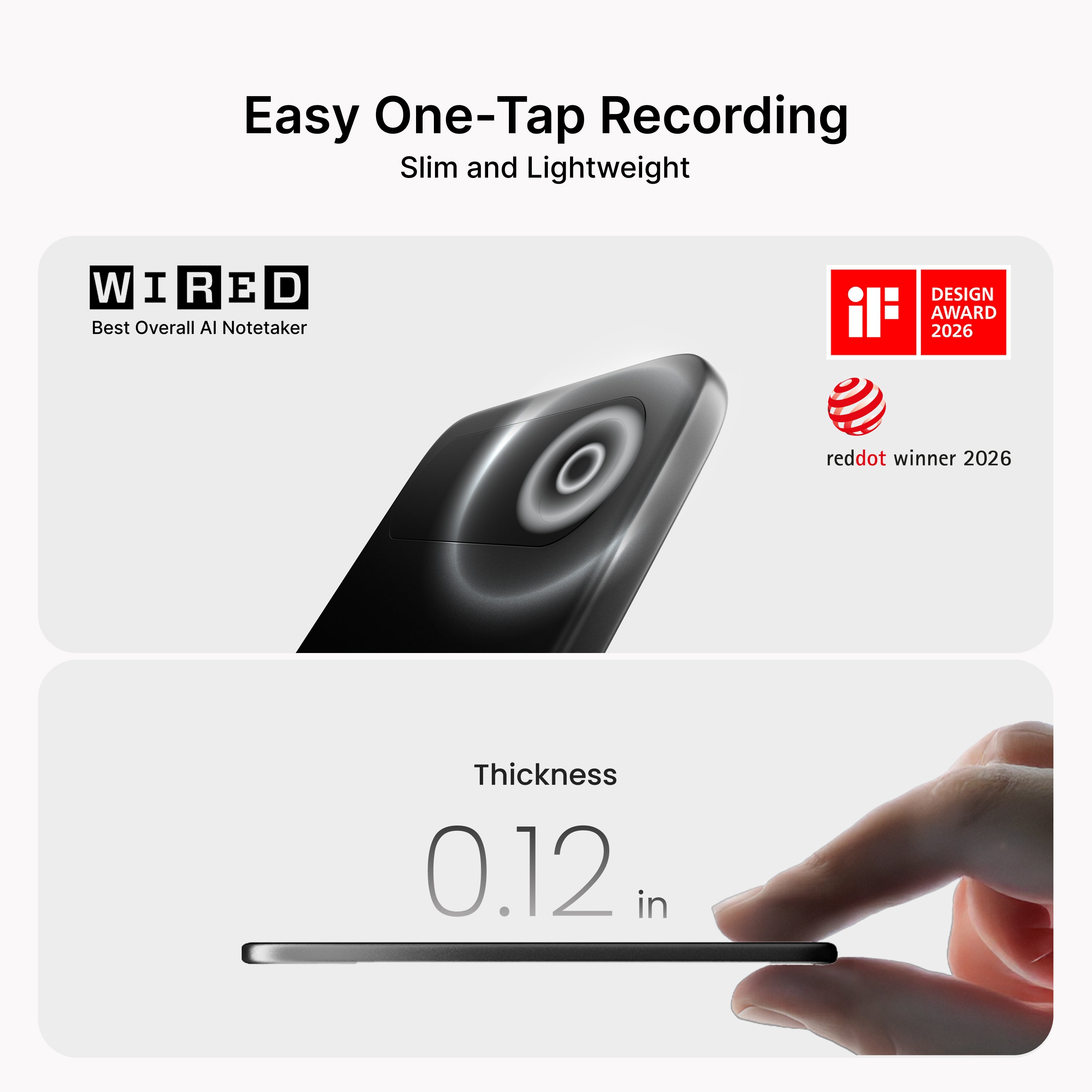 Comulytic Note Pro AI Note Taker with easy one-tap recording, 0.12 inch slim design, awarded WIRED Best Overall AI Notetaker, iF Design Award and Red Dot Winner 2026