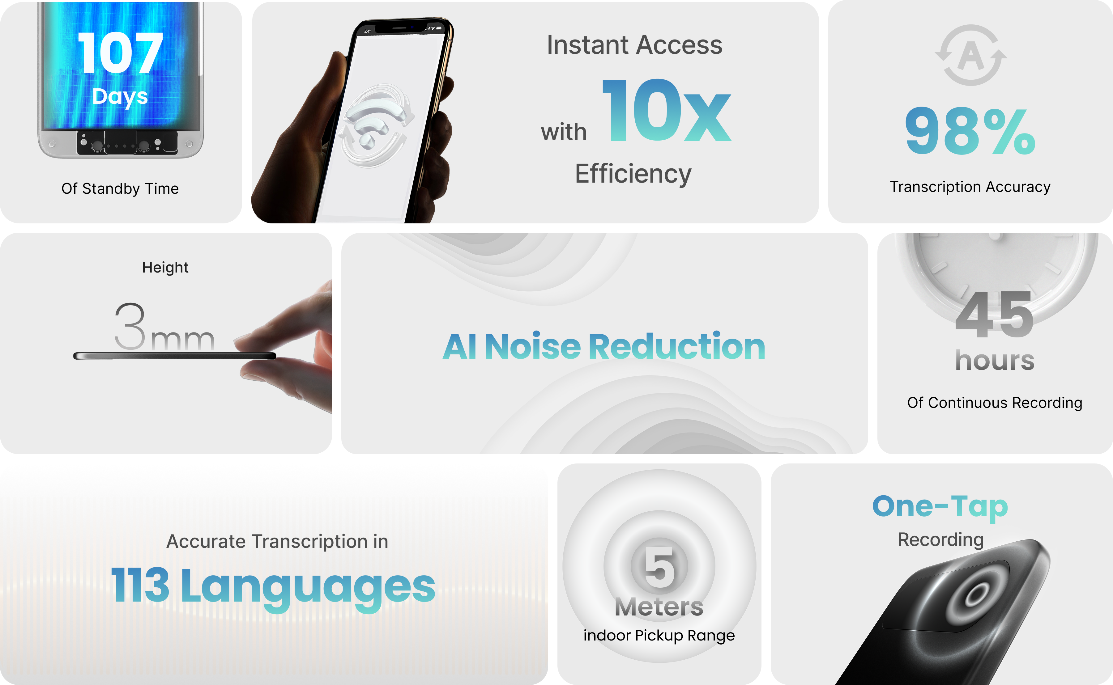AI Voice Recorder Specs – 107 Days Standby, 45 Hours Recording, 98% Accuracy, 113 Languages, Comulytic Note Pro
