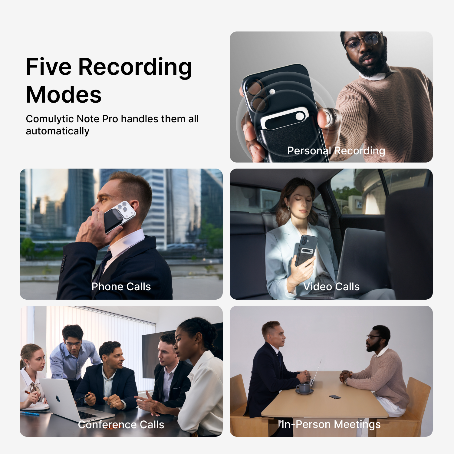Comulytic Note Pro AI Note Taker showing five recording modes: Personal Recording, Phone Calls, Video Calls, Conference Calls, and In-Person Meetings