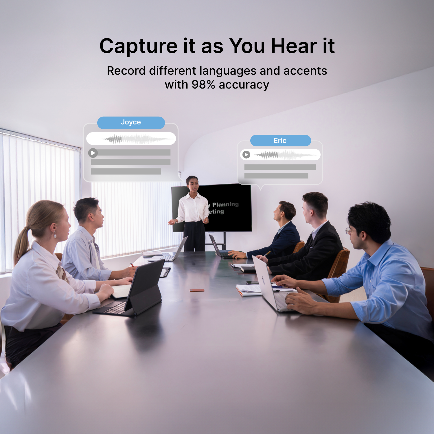 Comulytic Note Pro AI Note Taker capturing a business meeting with 98% transcription accuracy across multiple languages and accents, with speaker identification