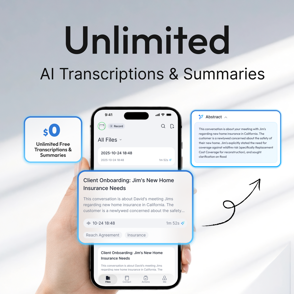 Comulytic app showing unlimited free AI transcriptions and summaries