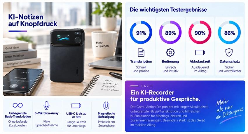 Comu Action Pro Test und Erfahrungsbericht – KI-Sprachrekorder für strukturierte Meeting-Notizen