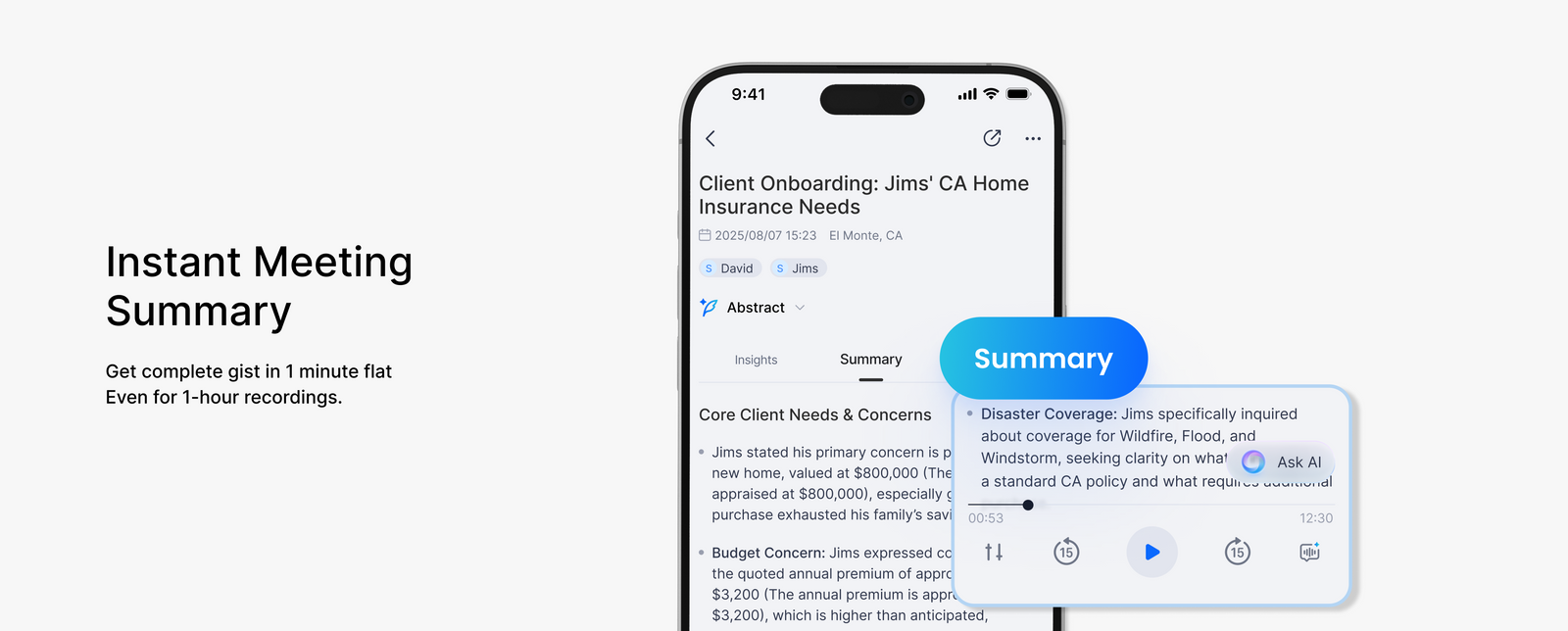 Comulytic app displaying an instant AI meeting summary