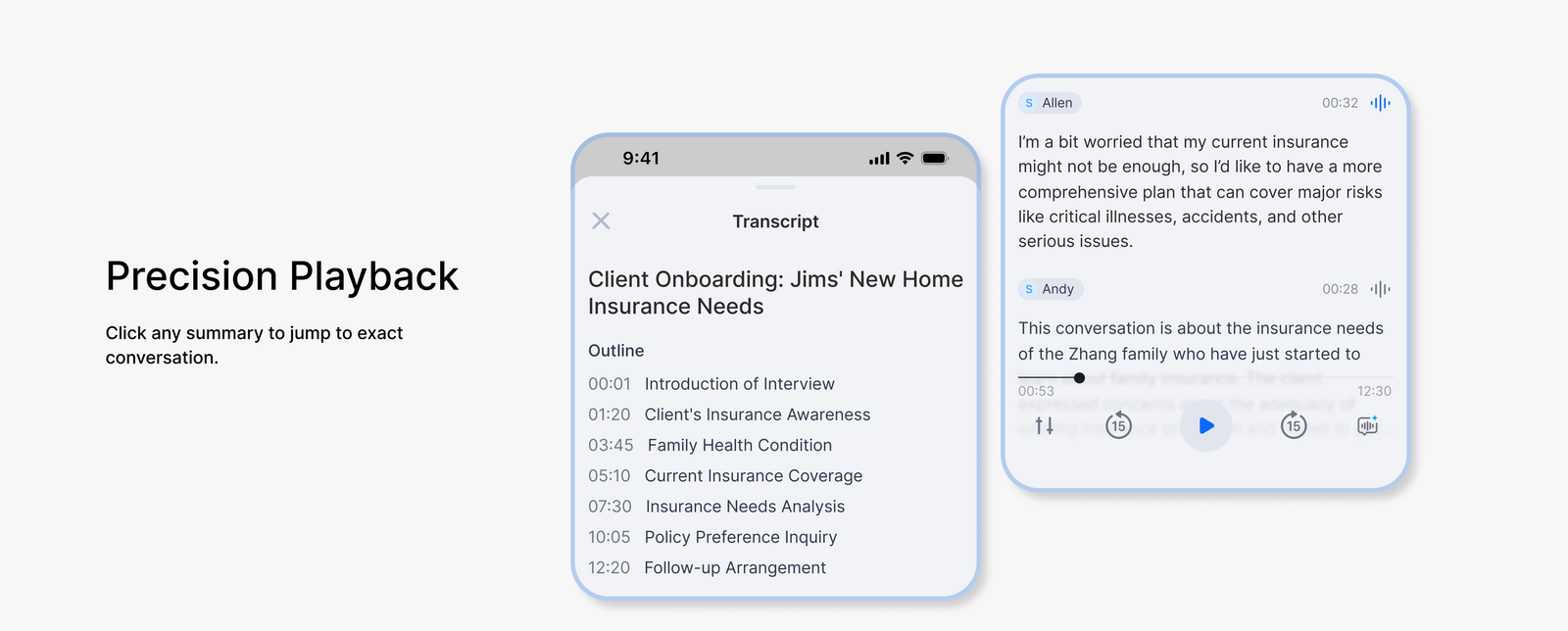 Comulytic precise playback with time-synced transcript and outline