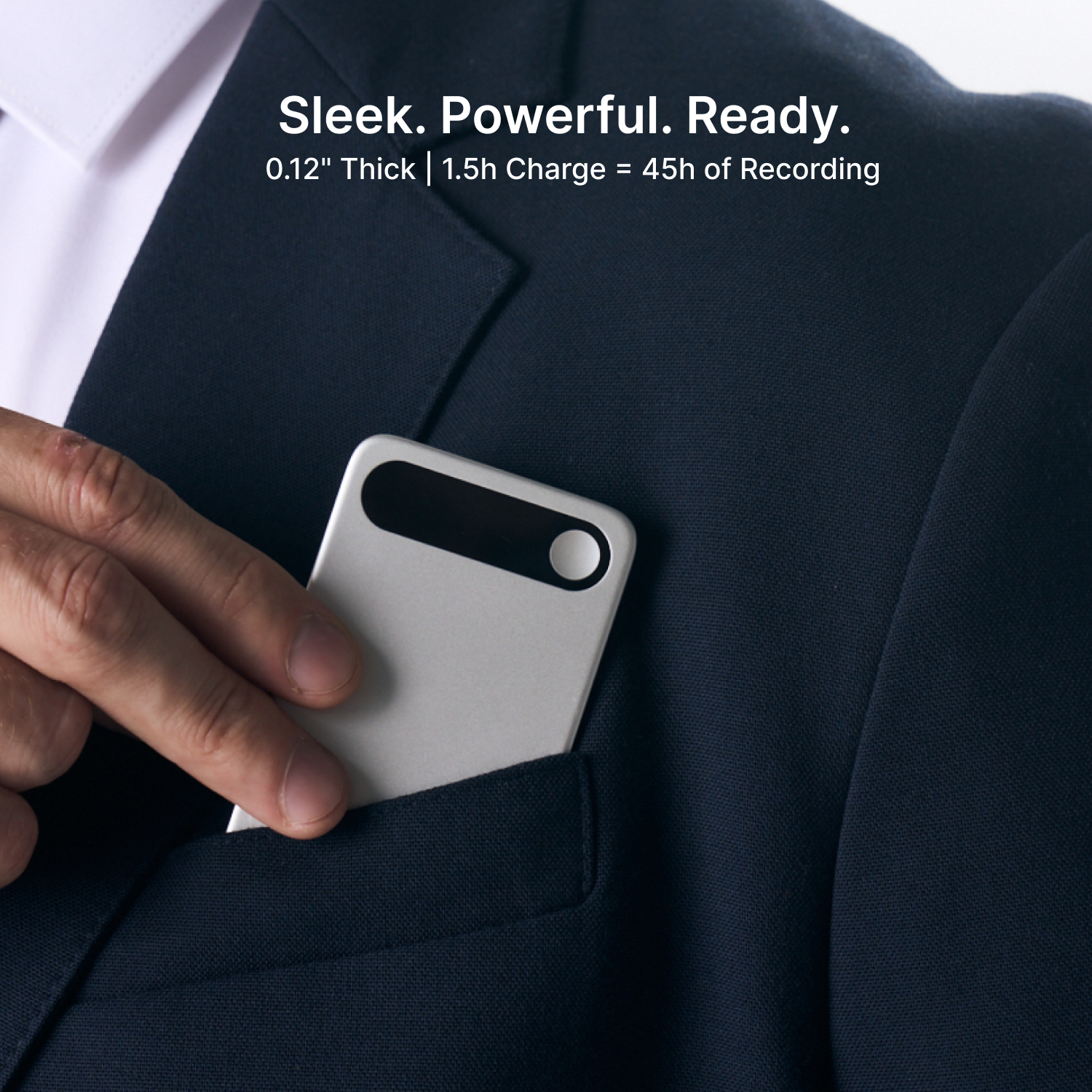 Comulytic Note Pro AI Note Taker being placed in suit jacket pocket, 0.12 inch thick with 45 hours of recording battery life