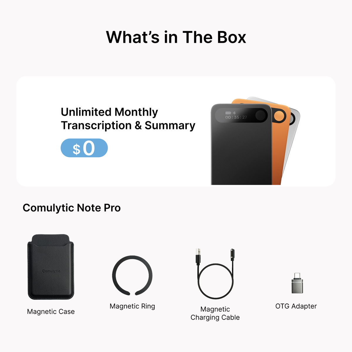 Mini voice recorder package contents — Comulytic Note Pro includes magnetic case, magnetic ring, charging cable, OTG adapter, and quick start guide